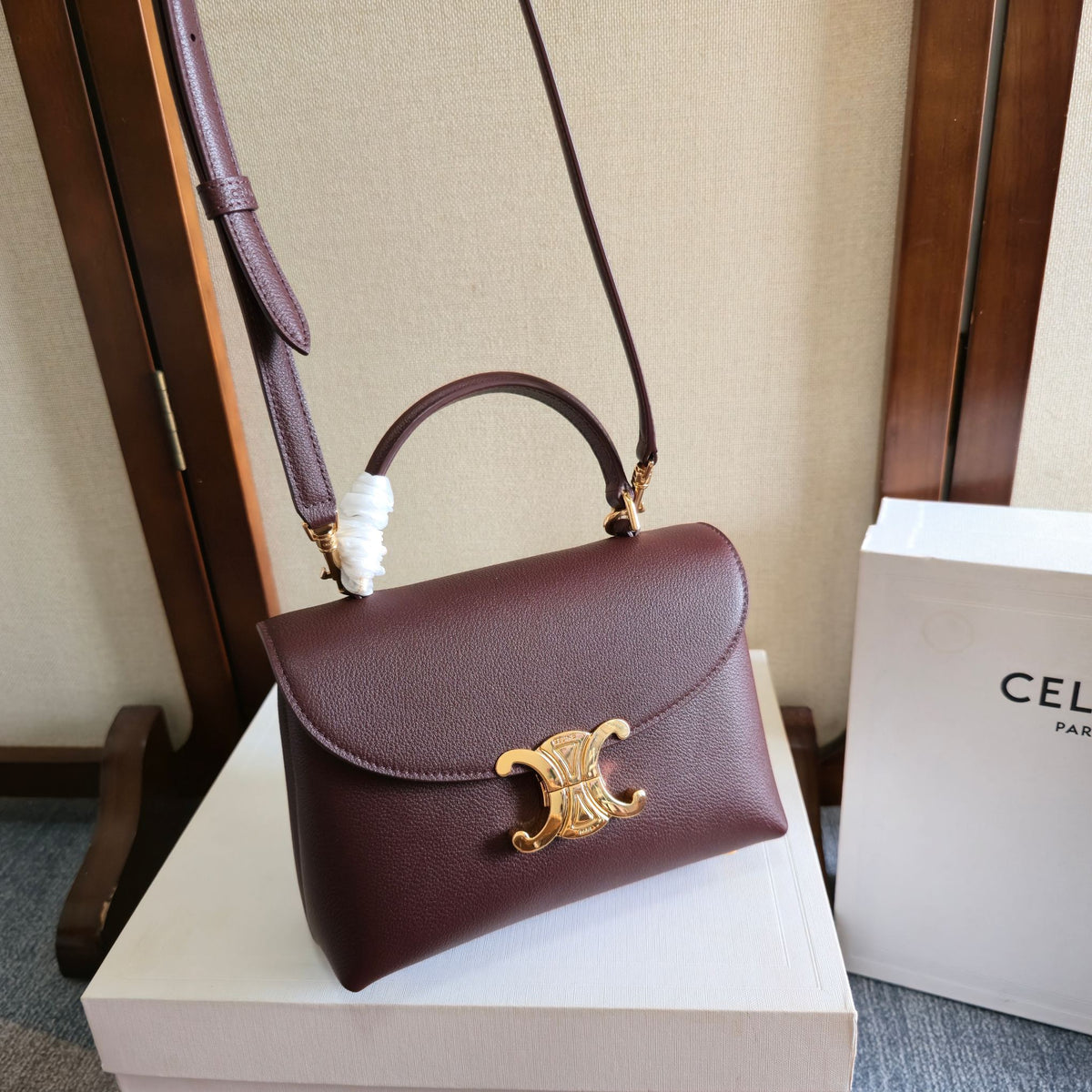 Celine 25S Nino Bag 20mm in Syrah Red Grained Calfskin Gold Hardware