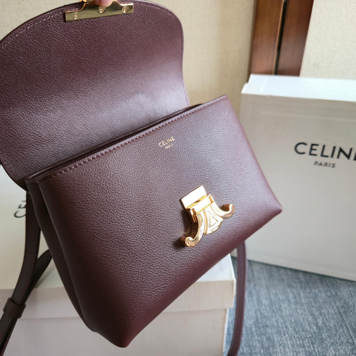 Celine 25S Nino Bag 20mm in Syrah Red Grained Calfskin Gold Hardware