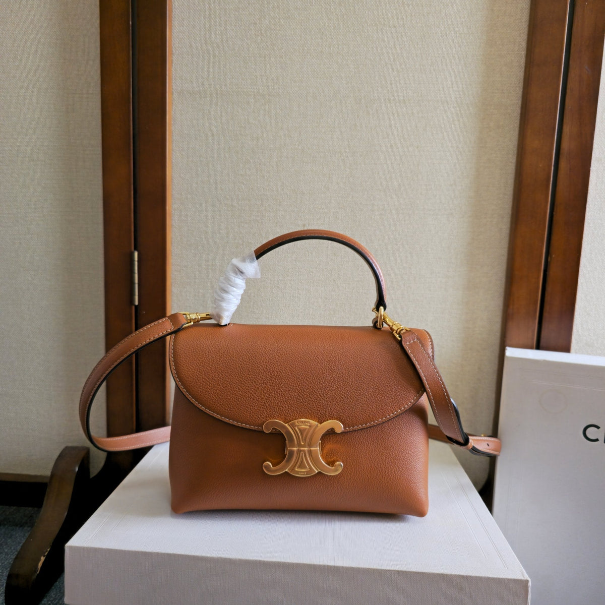 Celine 25S Nino Bag 20mm in Caramel Brown Grained Calfskin Gold Hardware