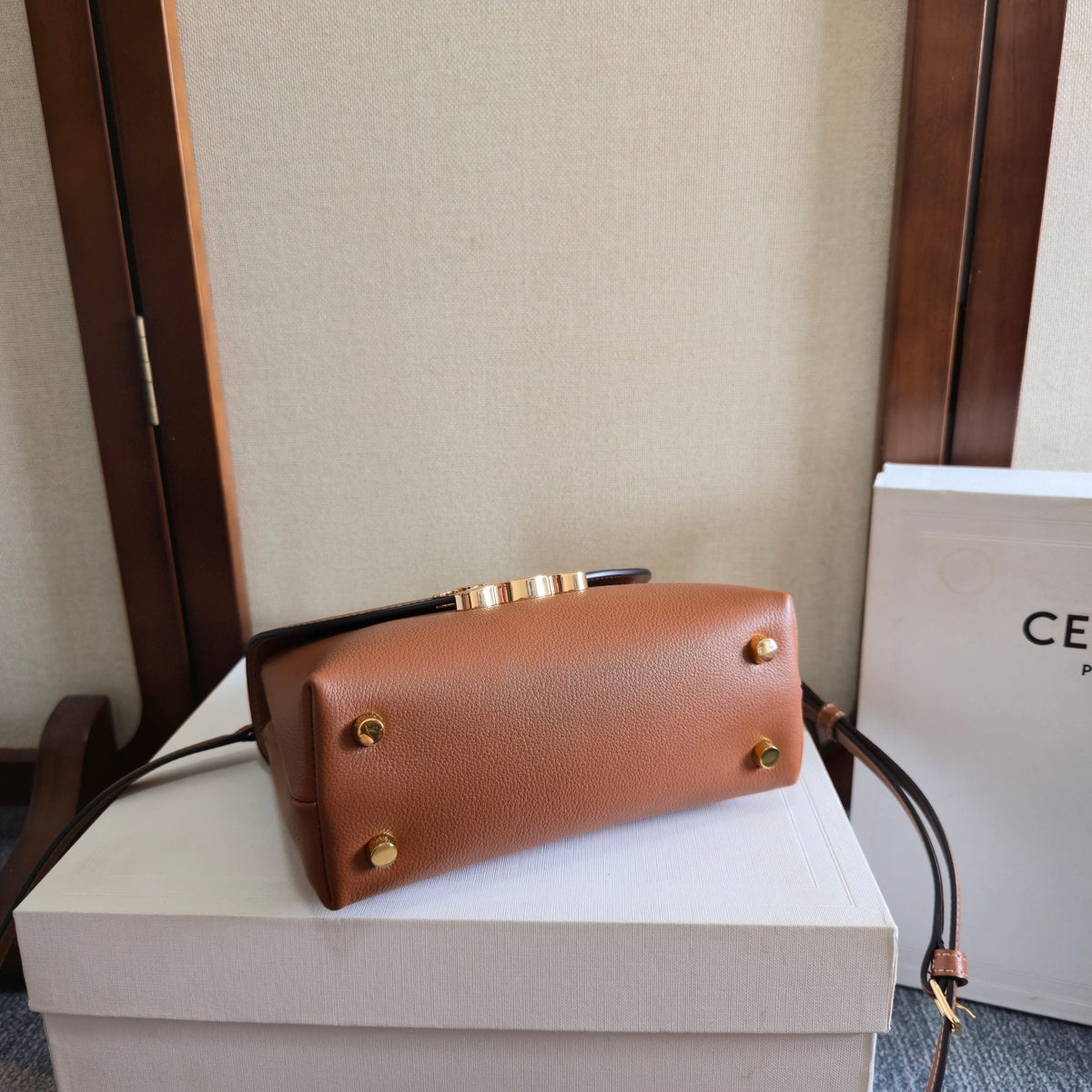 Celine 25S Nino Bag 20mm in Caramel Brown Grained Calfskin Gold Hardware