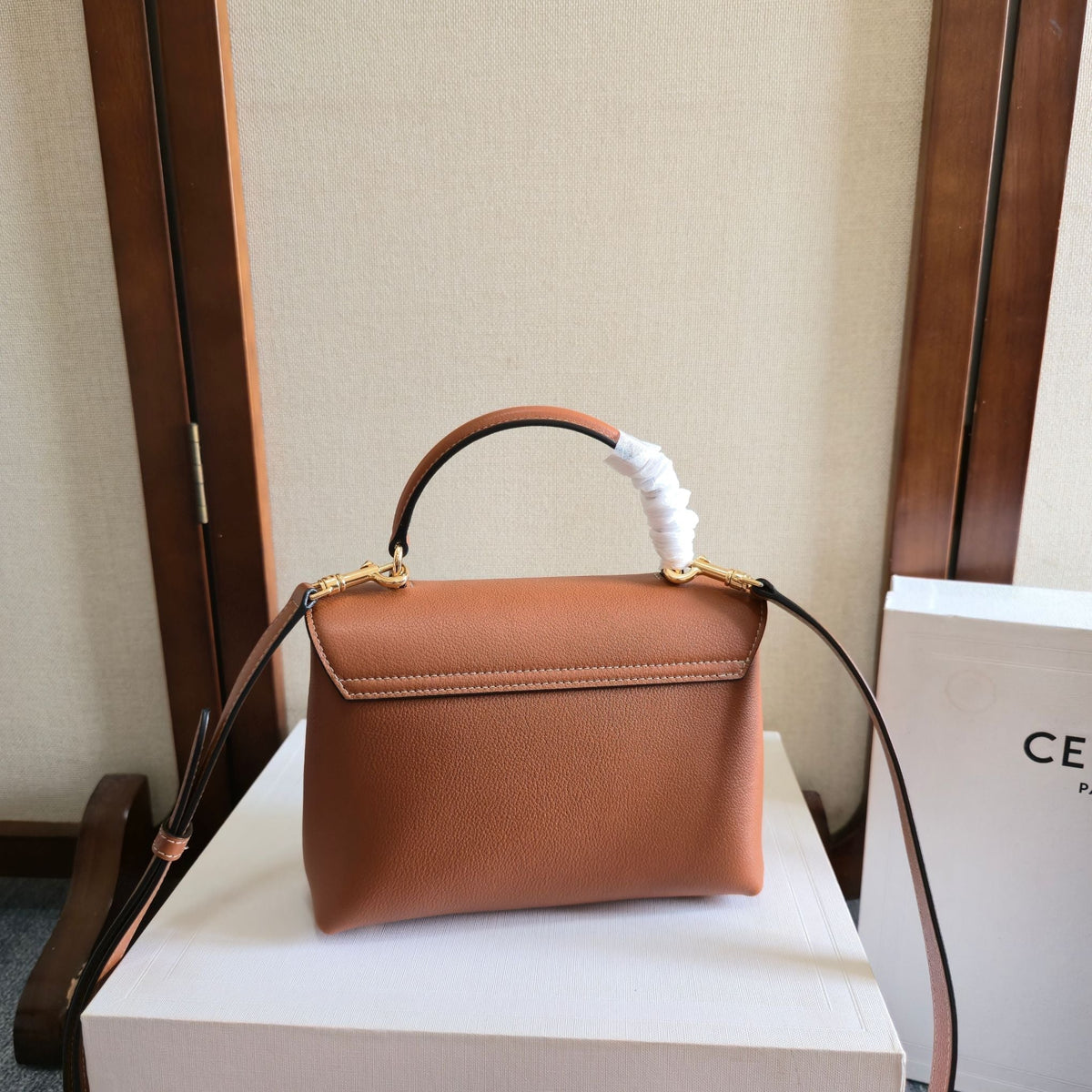 Celine 25S Nino Bag 20mm in Caramel Brown Grained Calfskin Gold Hardware