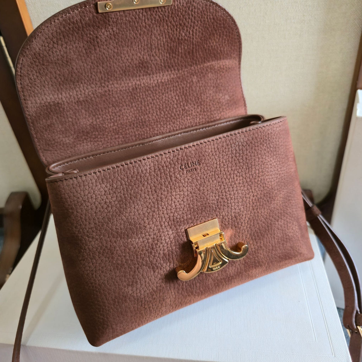 Celine 25S Nino Bag 20mm in Dark Brown Grained Calfskin Gold Hardware