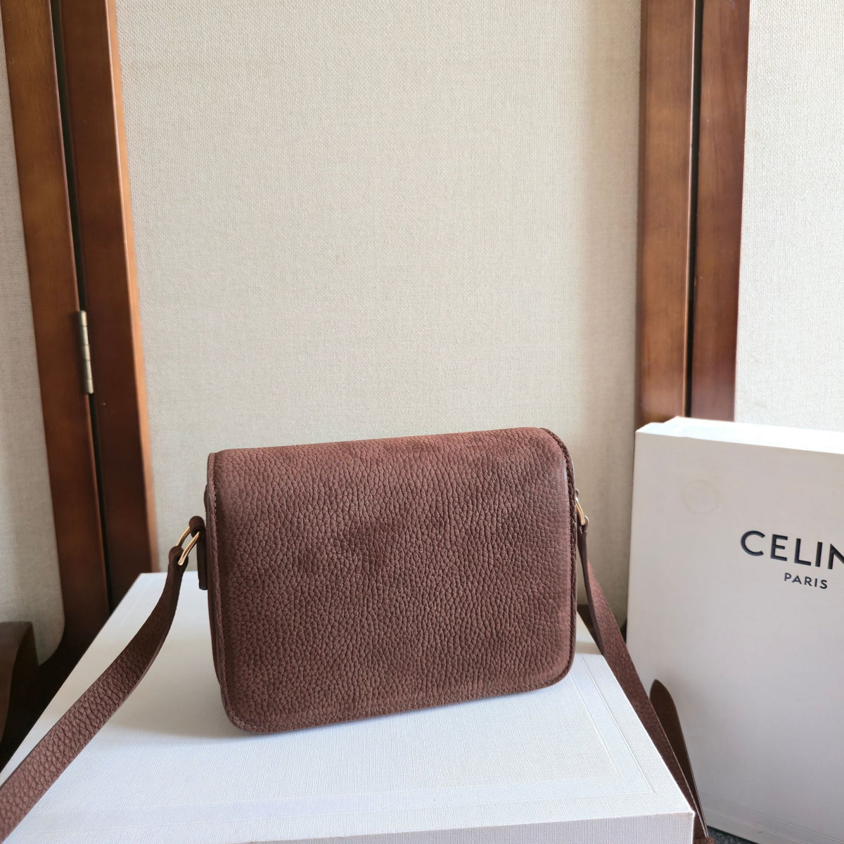 Celine 25S Teen Triomphe Bag 18mm in Dark Brown Grained Nubuck Calfskin