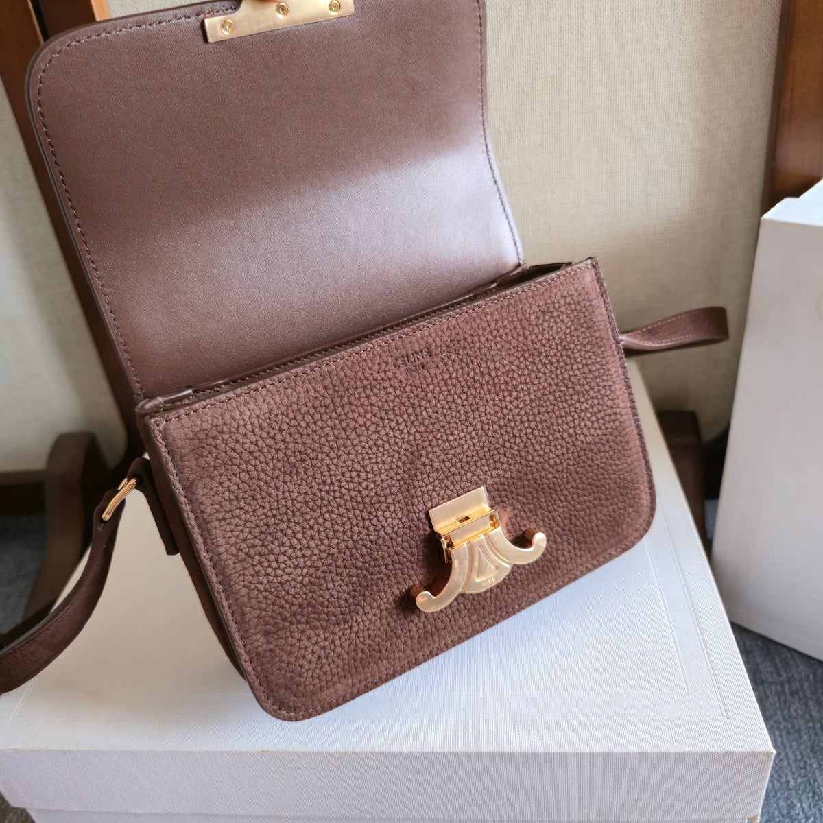 Celine 25S Teen Triomphe Bag 18mm in Dark Brown Grained Nubuck Calfskin