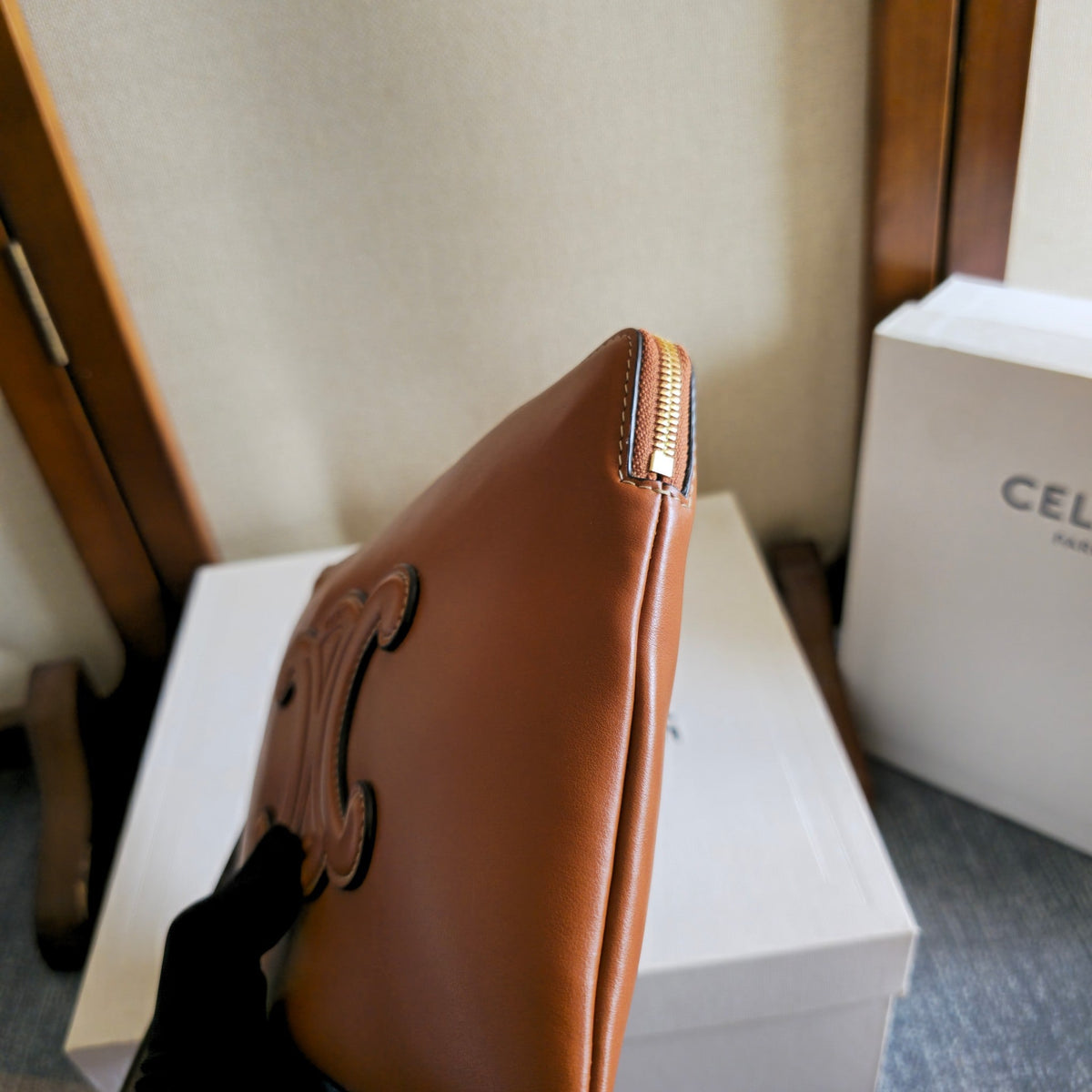Celine 25S Handbag 24mm in Tan Brown Glossy Calfskin