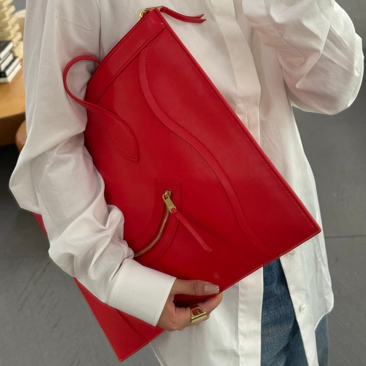 Celine 25S Flat Cabas New Luggage 44mm in Red Glossy Calfskin Bag