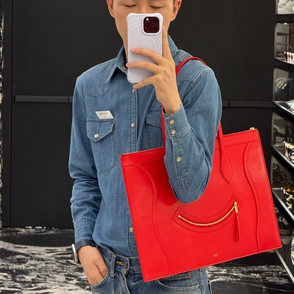 Celine 25S Flat Cabas New Luggage 44mm in Red Glossy Calfskin Bag