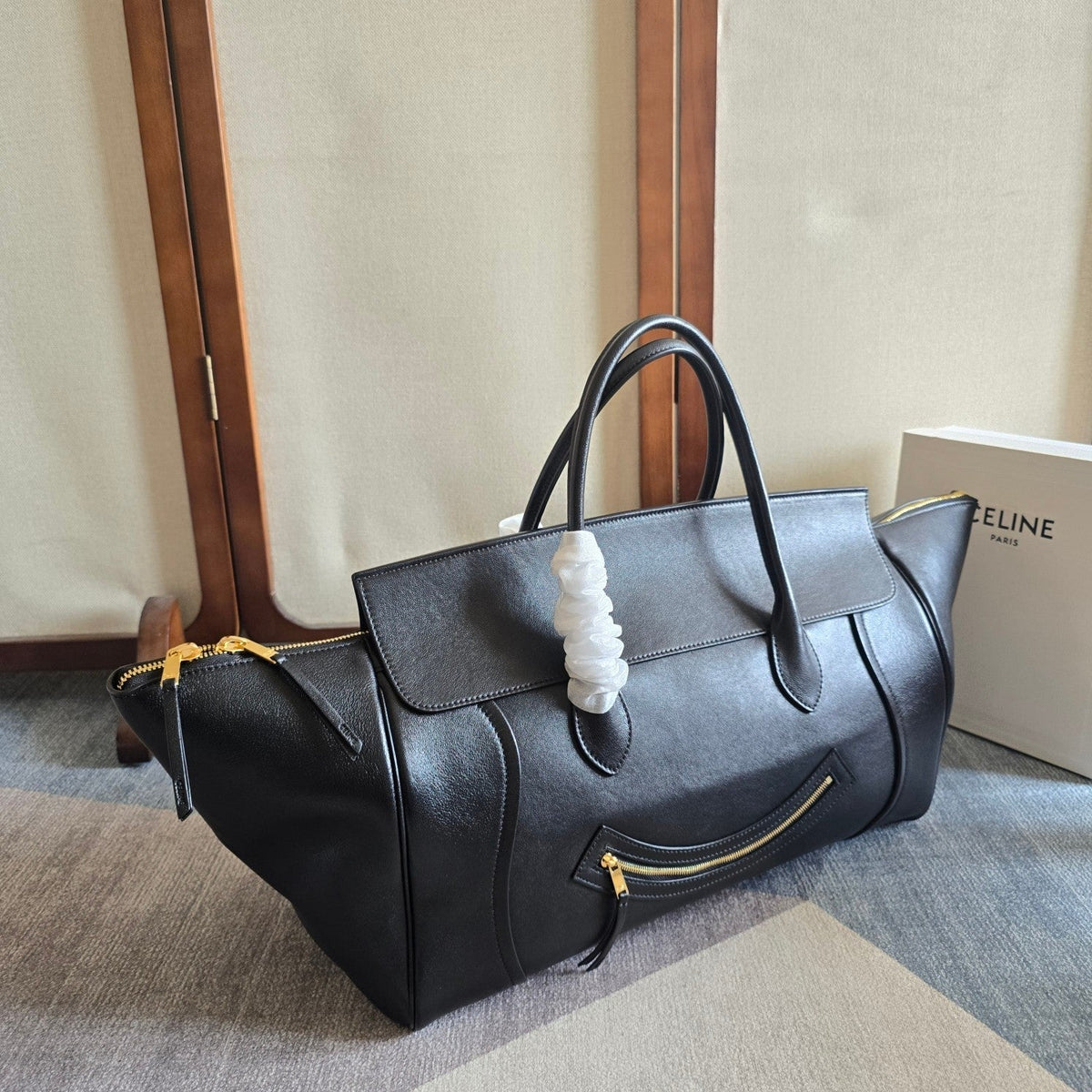 Celine 25S Medium Smiling New Luggage 44mm in Black Supple Shiny Lambskin Bag
