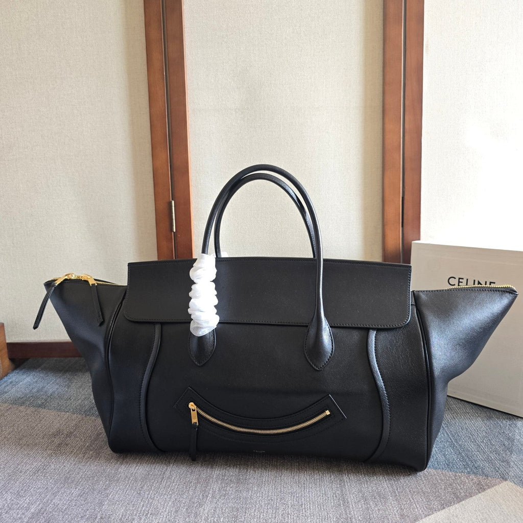 Celine 25S Medium Smiling New Luggage 44mm in Black Supple Shiny Lambskin Bag