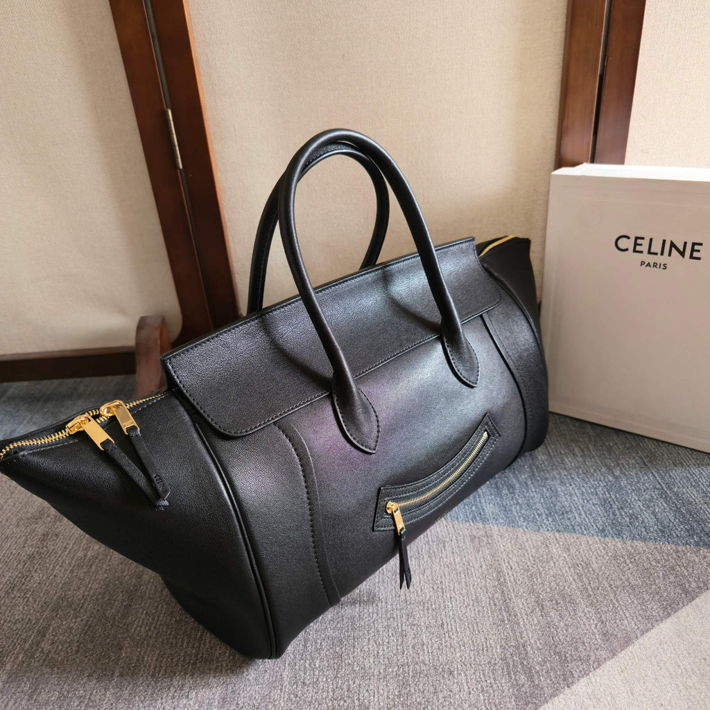 Celine 25S Medium Smiling New Luggage 36mm in Black Supple Shiny Lambskin Bag