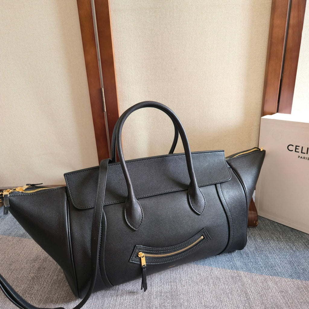 Celine 25S Medium Smiling New Luggage 36mm in Black Supple Shiny Lambskin Bag