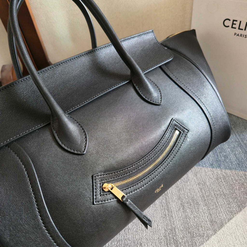 Celine 25S Medium Smiling New Luggage 36mm in Black Supple Shiny Lambskin Bag