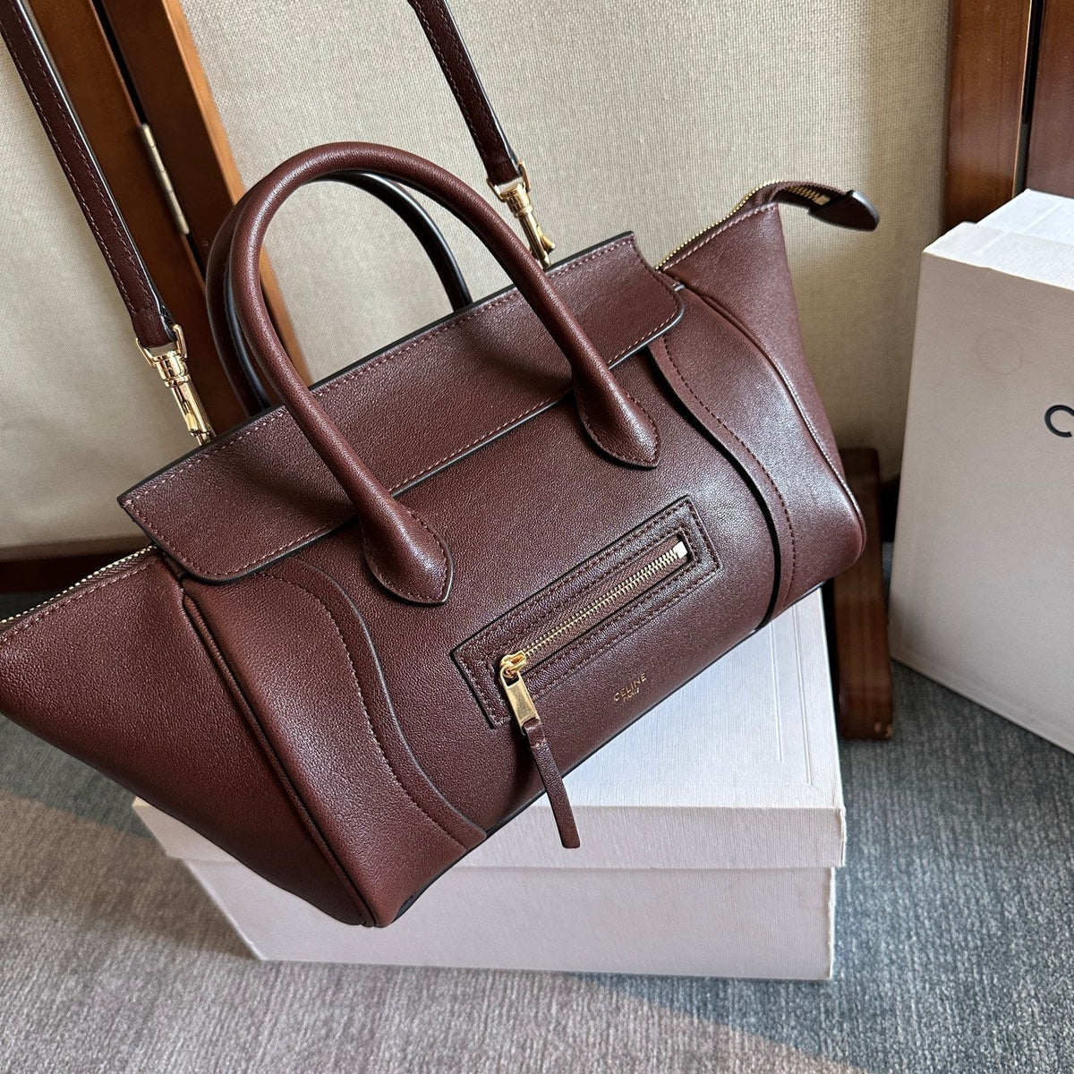 Celine 25S New Luggage 36mm in Dark Brown Calfskin Gold Hardware Bag