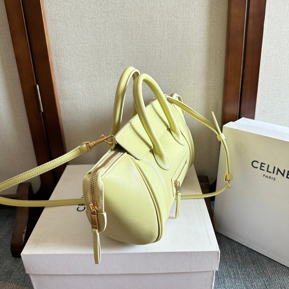 Celine 25S New Luggage 36mm in Pastel Yellow Calfskin Gold Hardware Bag