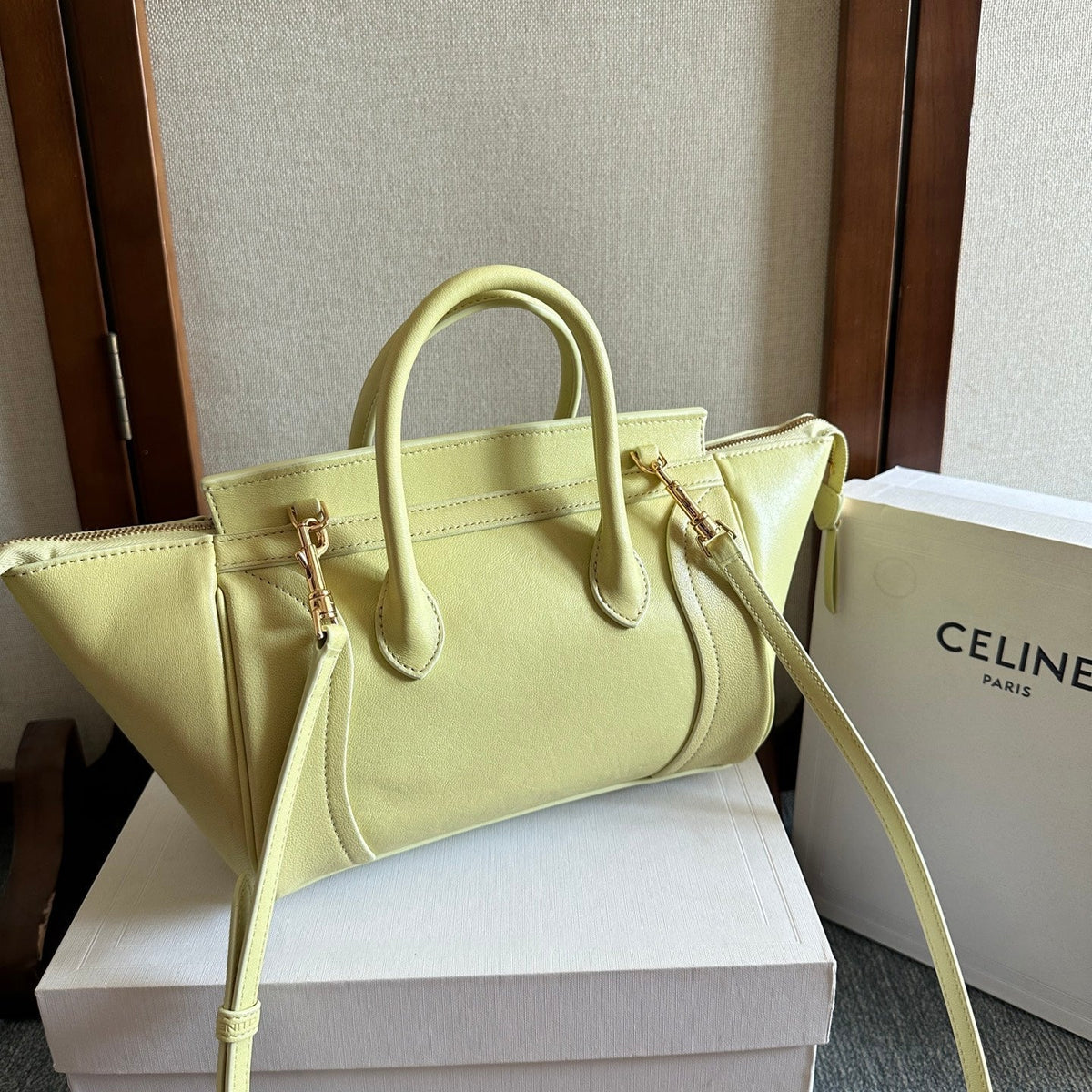 Celine 25S New Luggage 36mm in Pastel Yellow Calfskin Gold Hardware Bag