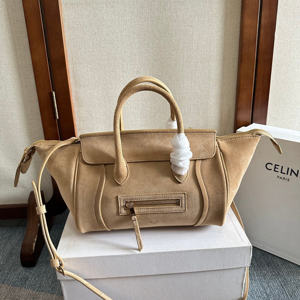 Celine 25S New Luggage 36mm in Beige Suede Gold Hardware Bag