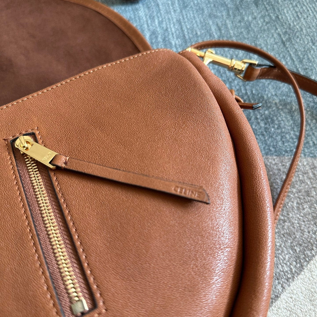 Celine 25S Halfmoon Soft Triomphe Bag 46mm in Tan Brown Supple Shiny Lambskin