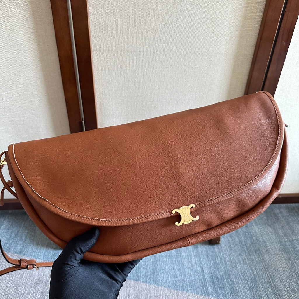 Celine 25S Halfmoon Soft Triomphe Bag 46mm in Tan Brown Supple Shiny Lambskin