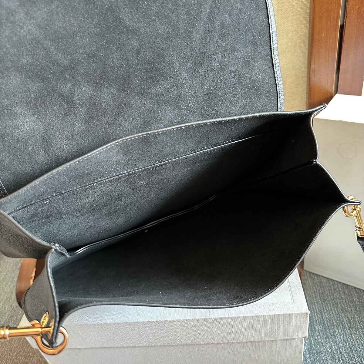 Celine 25S Besace Soft Triomphe 32mm in Black Supple Shiny Lambskin Bag