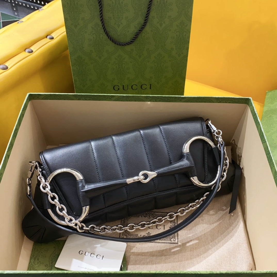 Gucci Horsebit Chain Handbag 38 in Black Calfskin Silver Hardware
