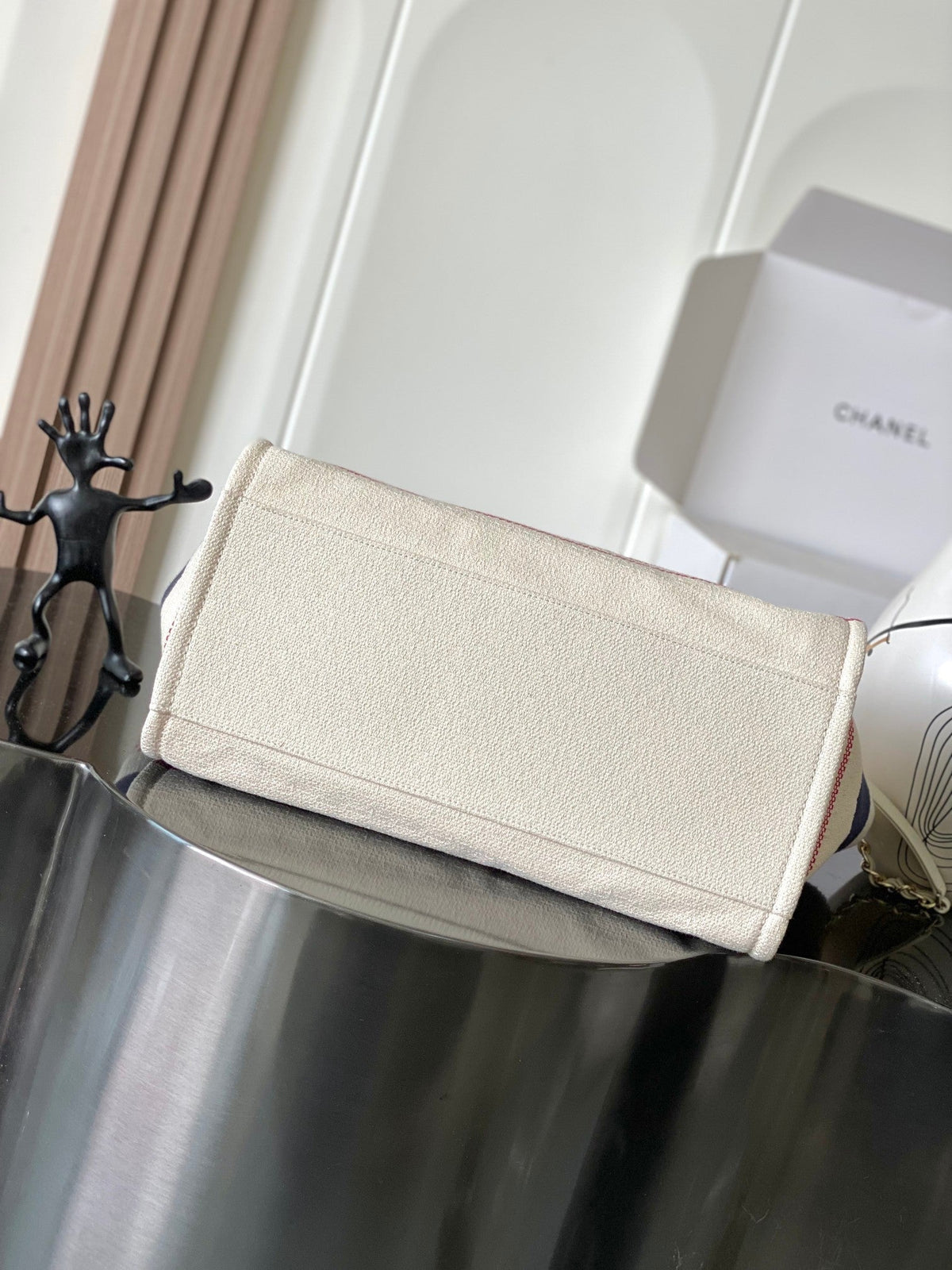 Chanel 25S Shopping Bag 35 in Cream White and Navy Blue Canvas