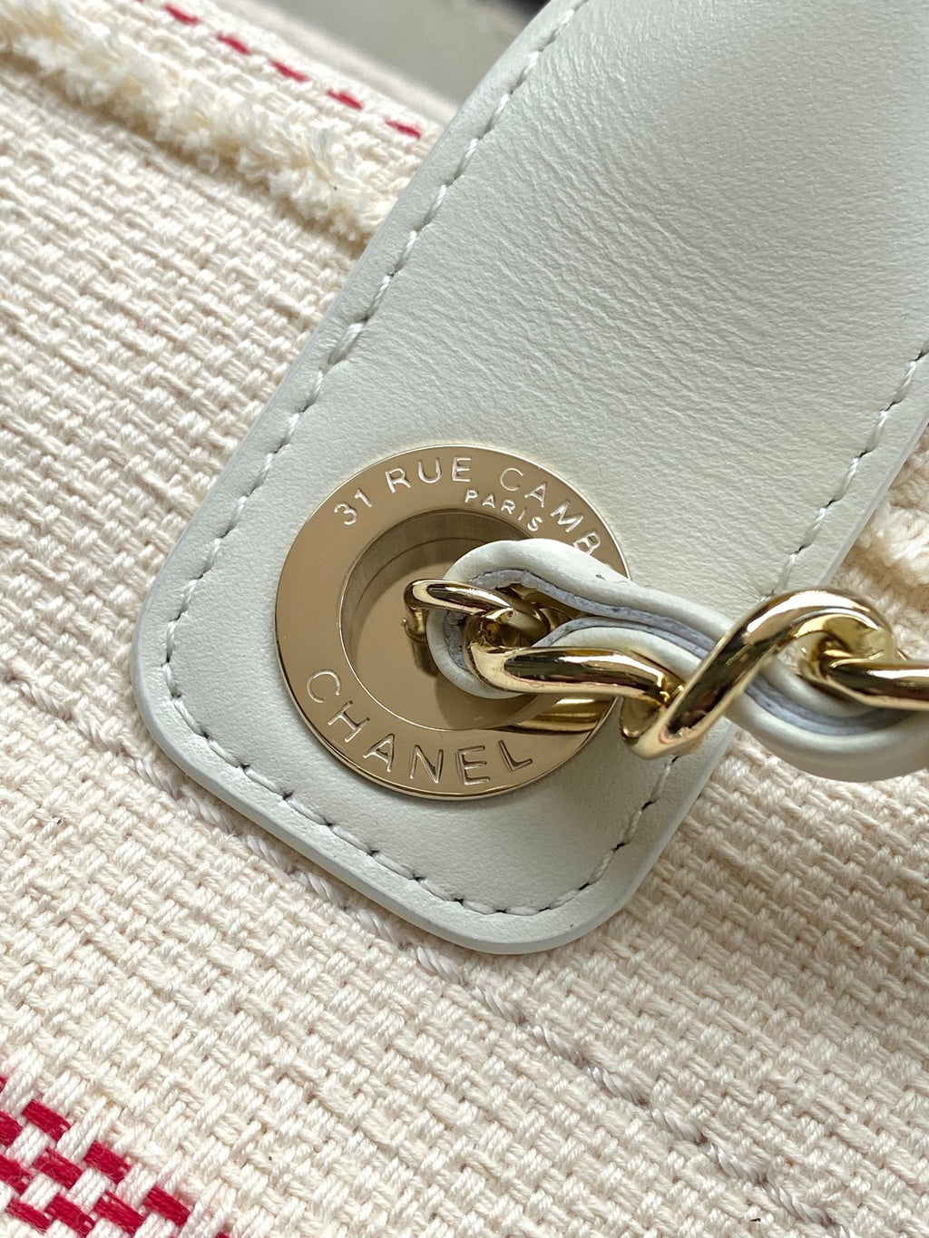 Chanel 25S Shopping Bag 35 in Cream White and Navy Blue Canvas