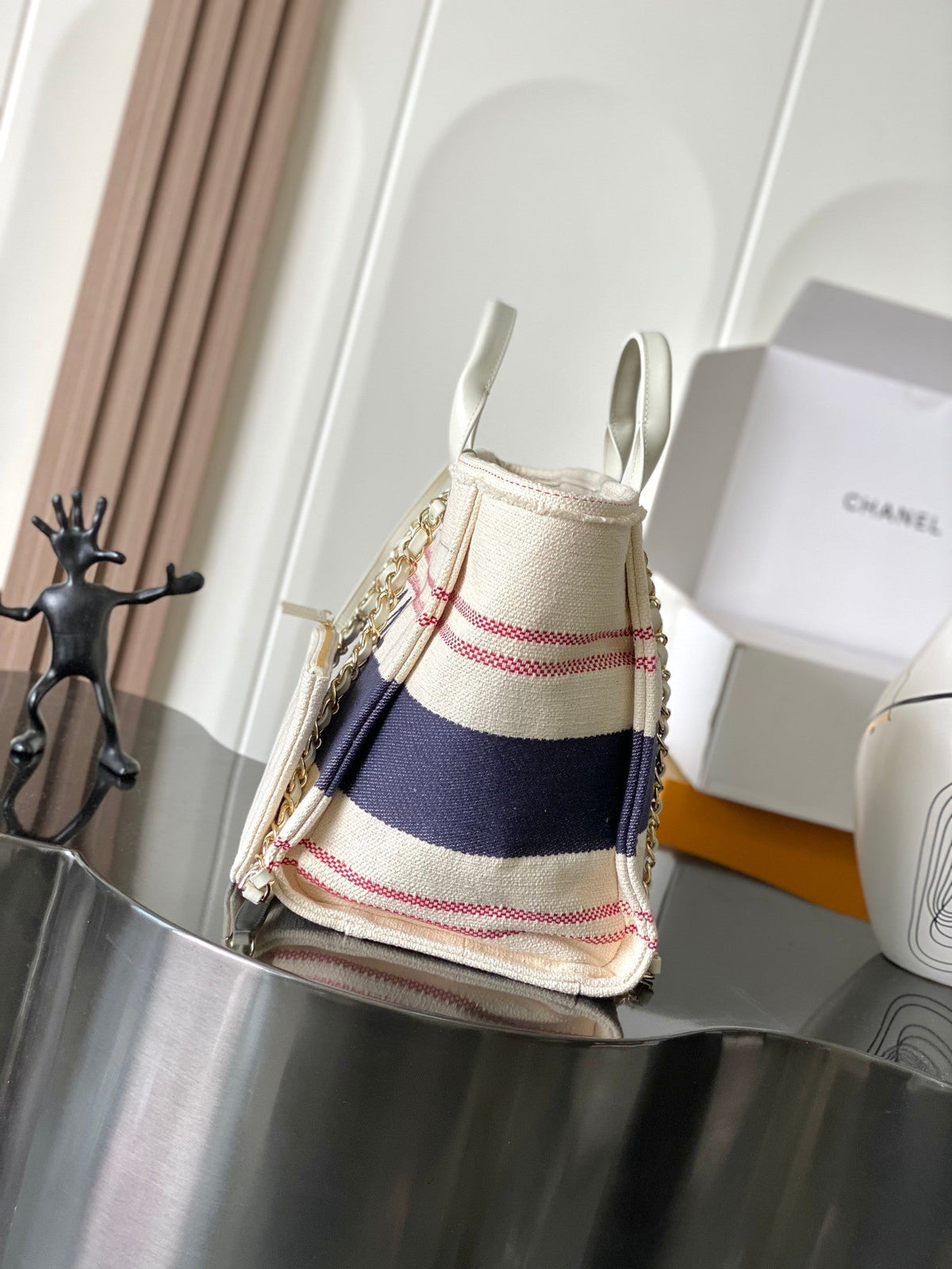 Chanel 25S Shopping Bag 35 in Cream White and Navy Blue Canvas