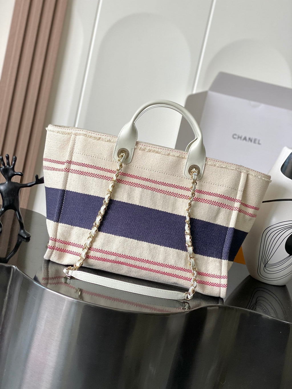 Chanel 25S Shopping Bag 35 in Cream White and Navy Blue Canvas