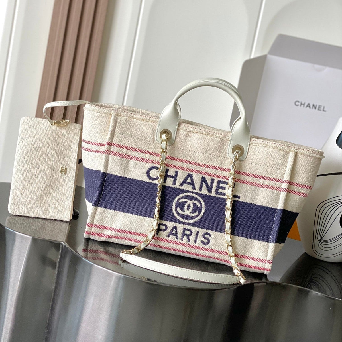 Chanel 25S Shopping Bag 35 in Cream White and Navy Blue Canvas
