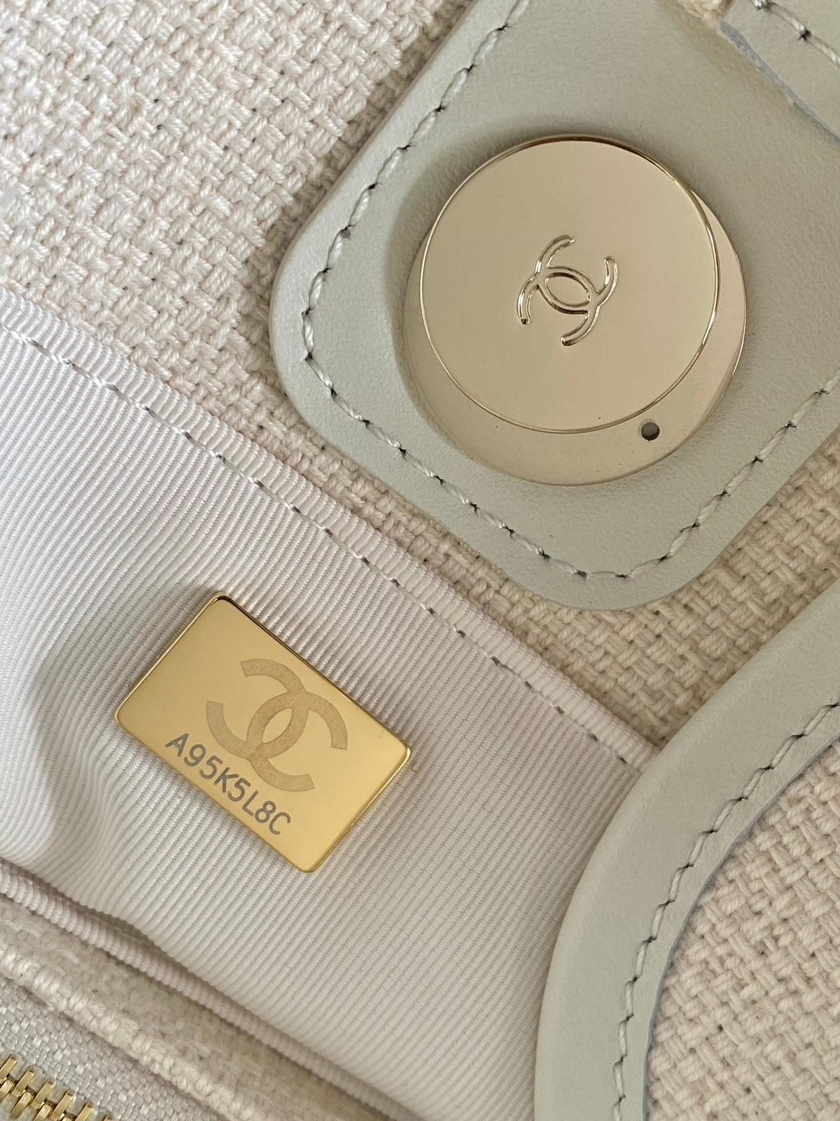 Chanel 25S Shopping Bag 35 in Cream White and Navy Blue Canvas