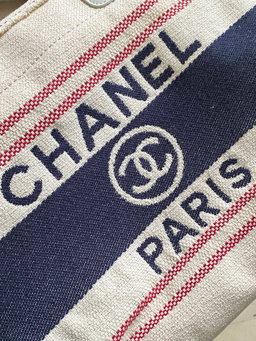 Chanel 25S Shopping Bag 35 in Cream White and Navy Blue Canvas