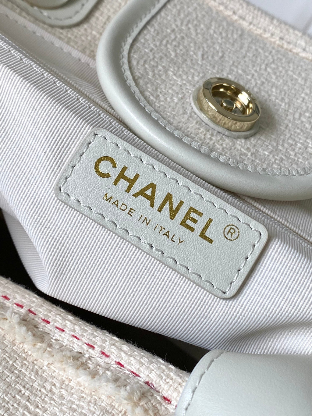 Chanel 25S Shopping Bag 35 in Cream White and Navy Blue Canvas