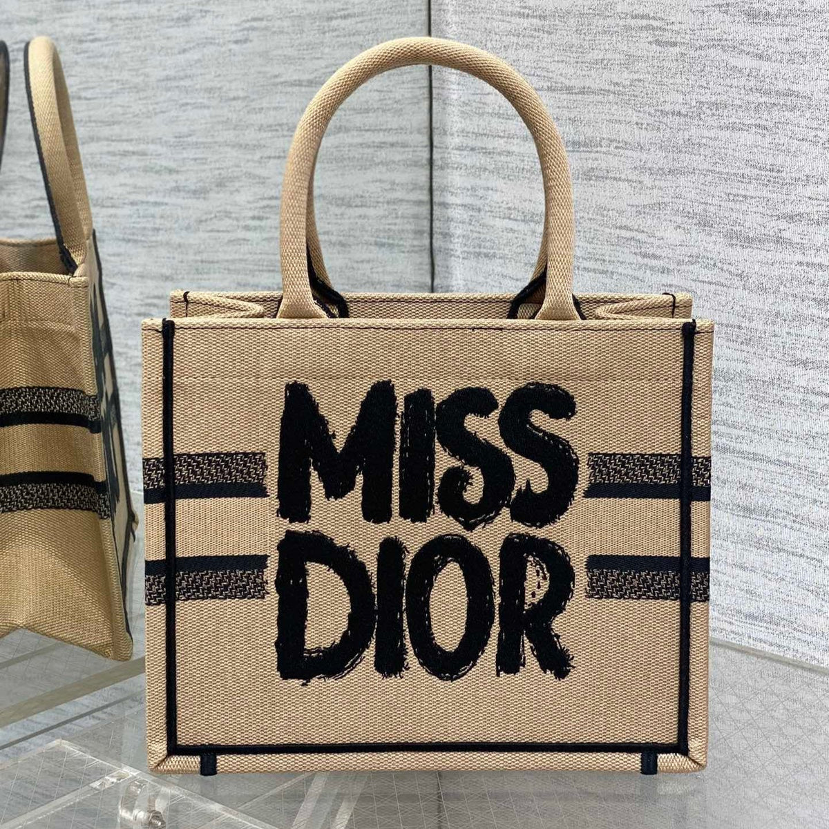 Dior Book Tote 26 Beige and Black Miss Graffiti Embroidery