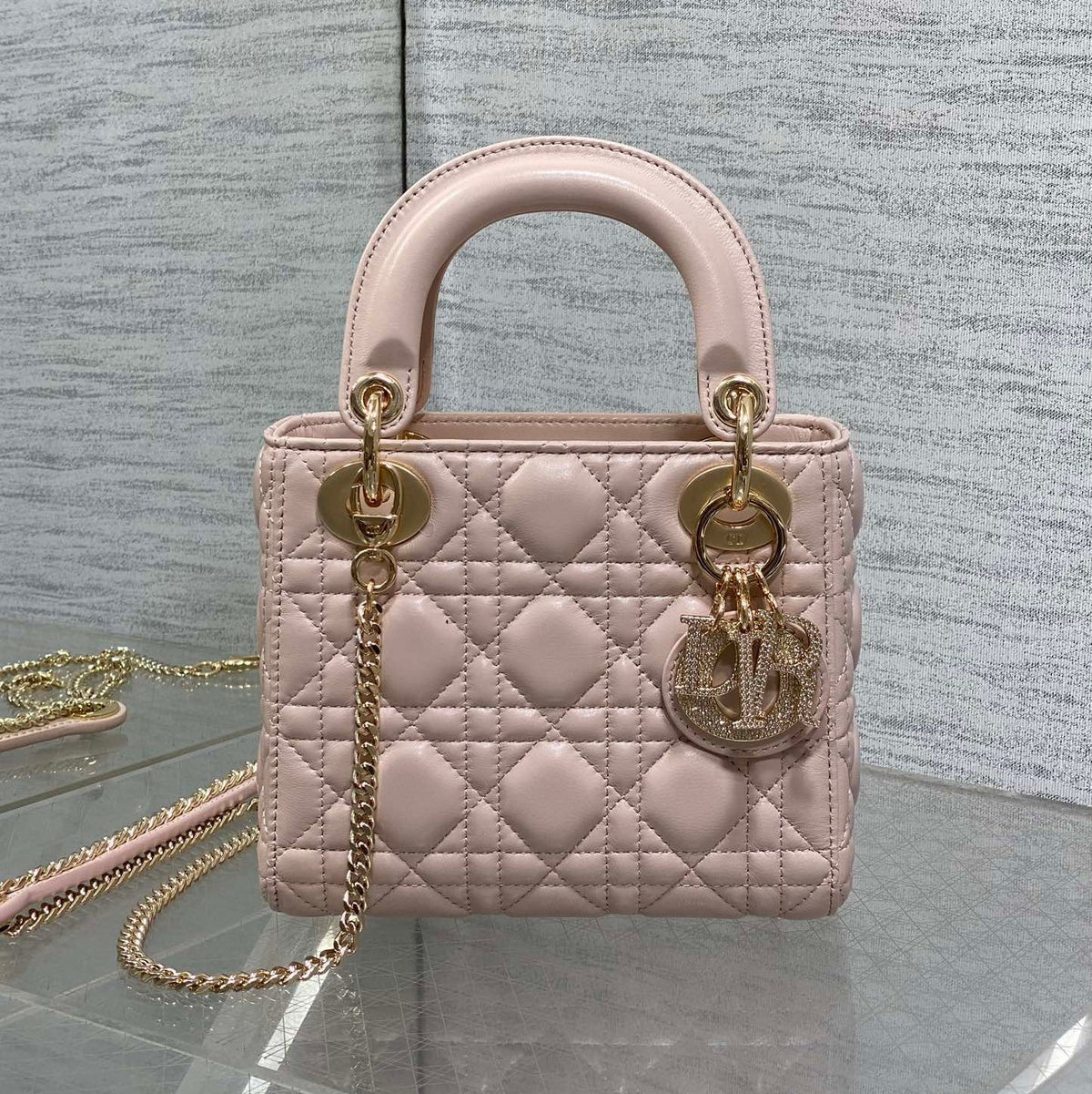 Dior 25S Mini Lady Bag 17 in Pink Calfskin Charm Crystal Embellishments