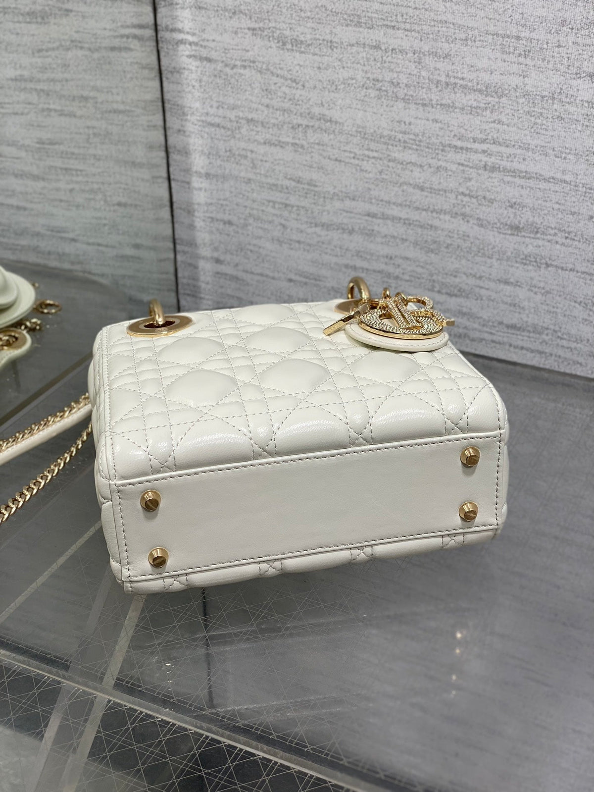 Dior 25S Mini Lady Bag 17 in Ivory Calfskin Charm Crystal Embellishments