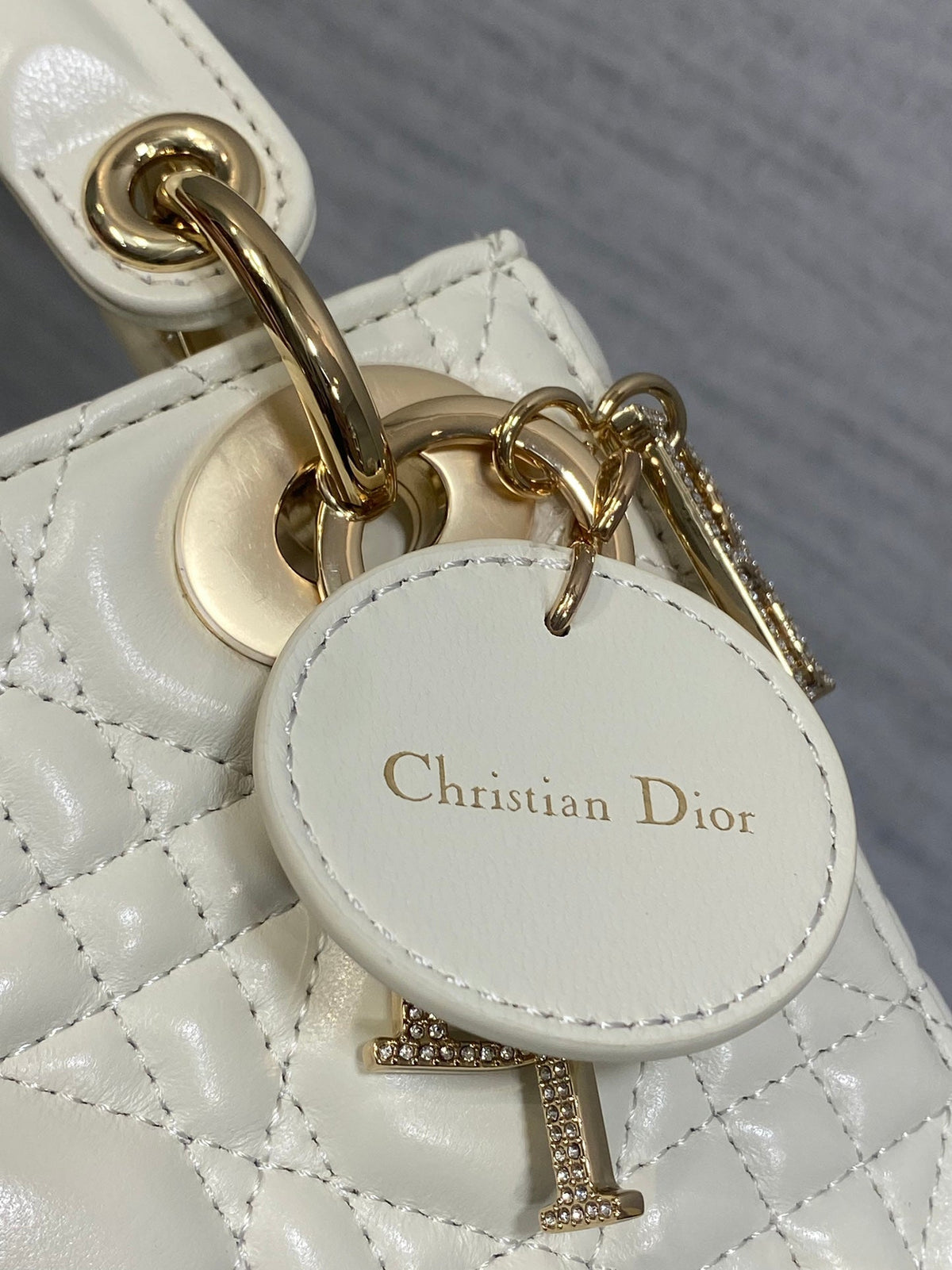 Dior 25S Mini Lady Bag 17 in Ivory Calfskin Charm Crystal Embellishments