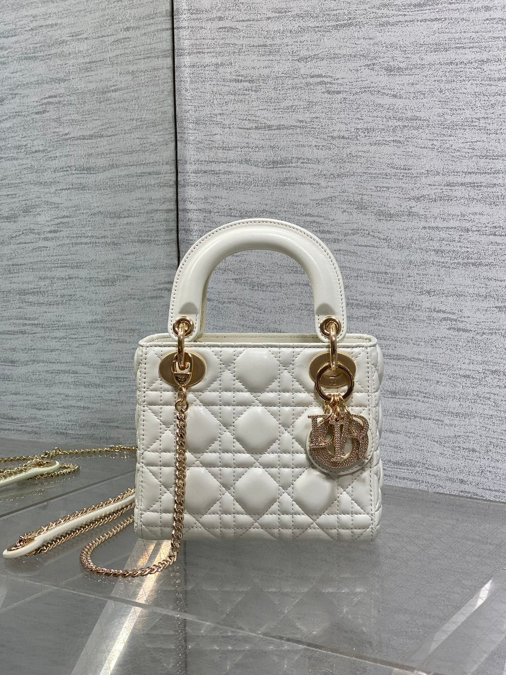 Dior 25S Mini Lady Bag 17 in Ivory Calfskin Charm Crystal Embellishments