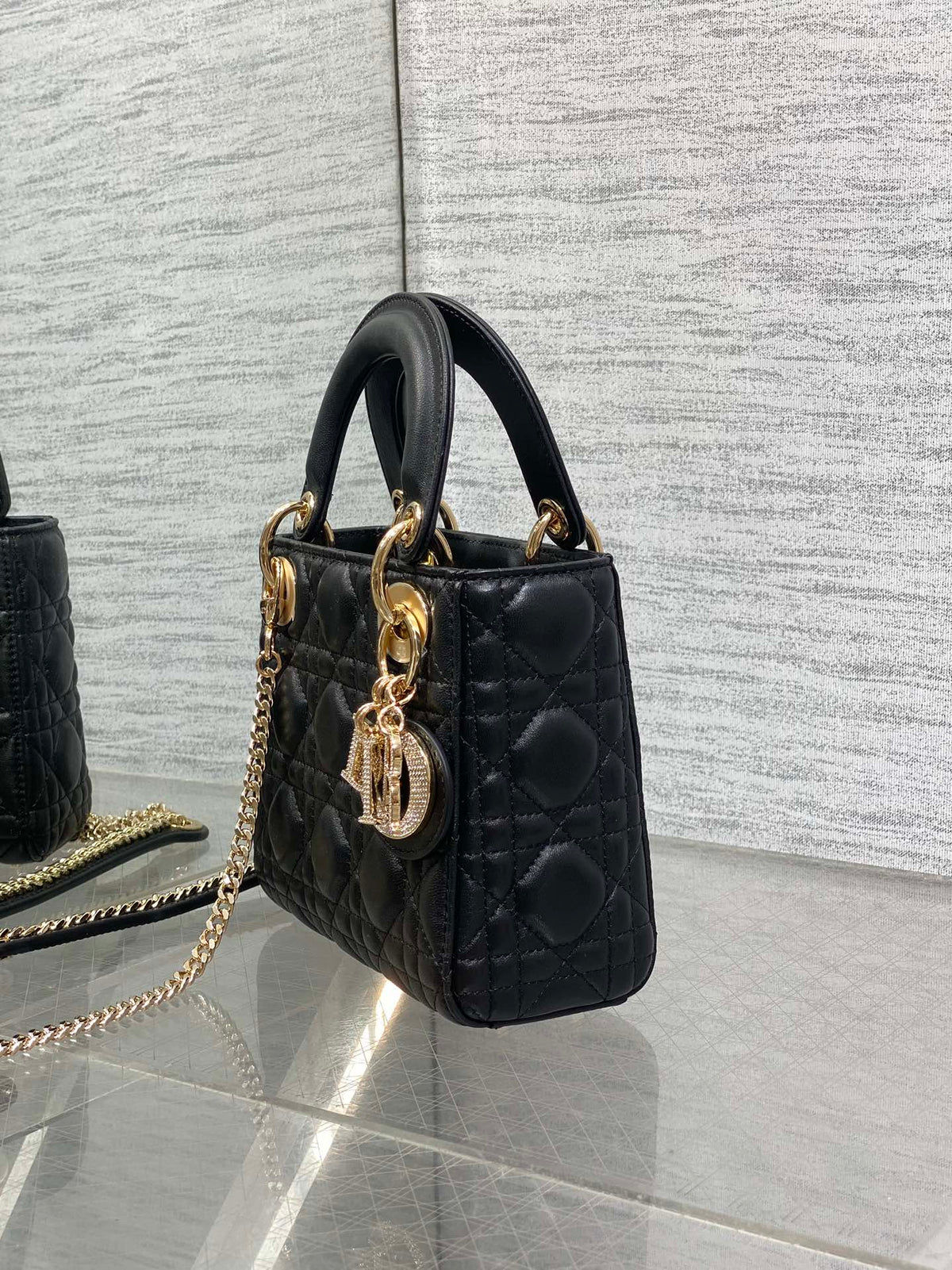 Dior 25S Mini Lady Bag 17 in Black Calfskin Charm Crystal Embellishments