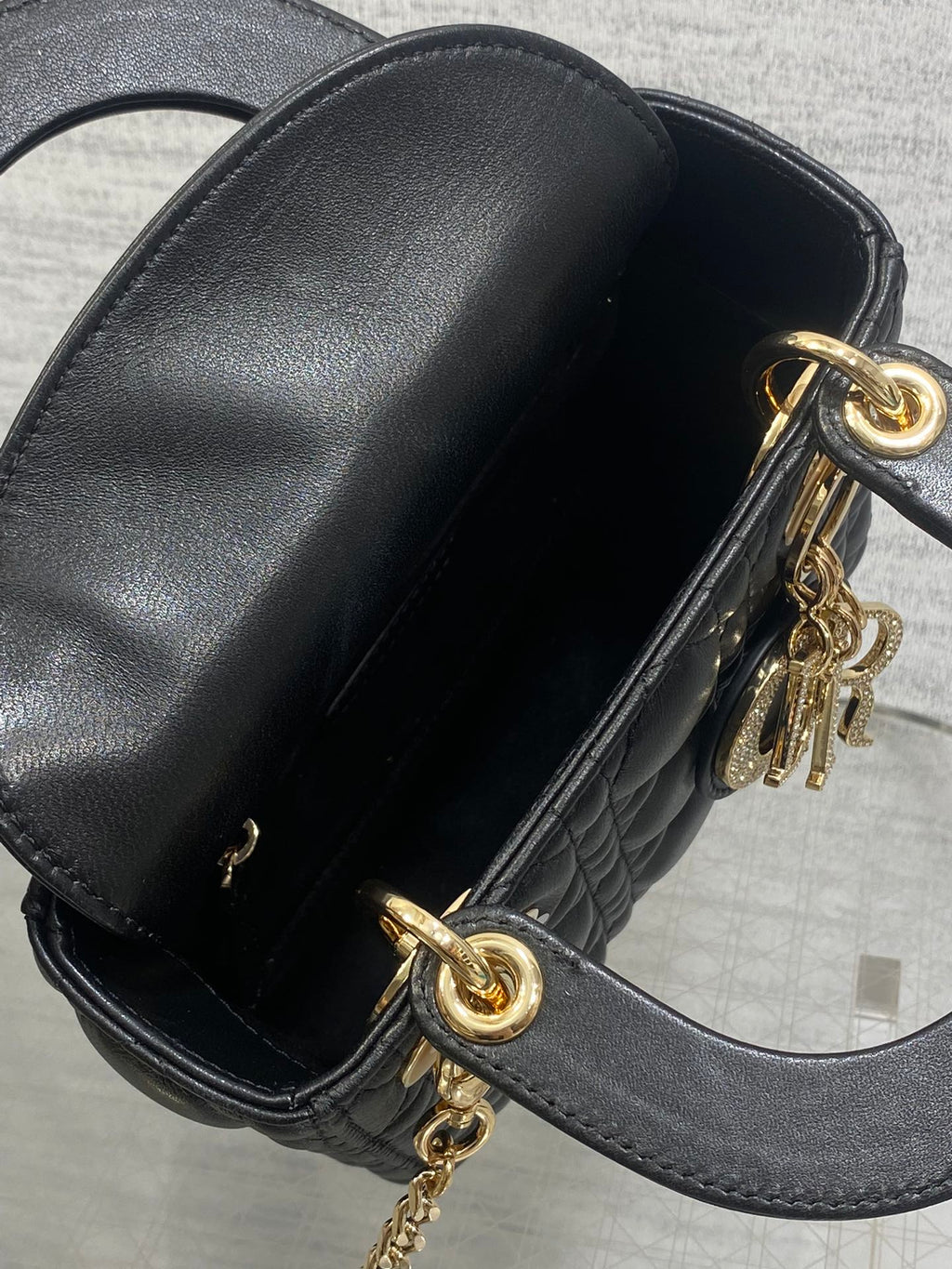 Dior 25S Mini Lady Bag 17 in Black Calfskin Charm Crystal Embellishments