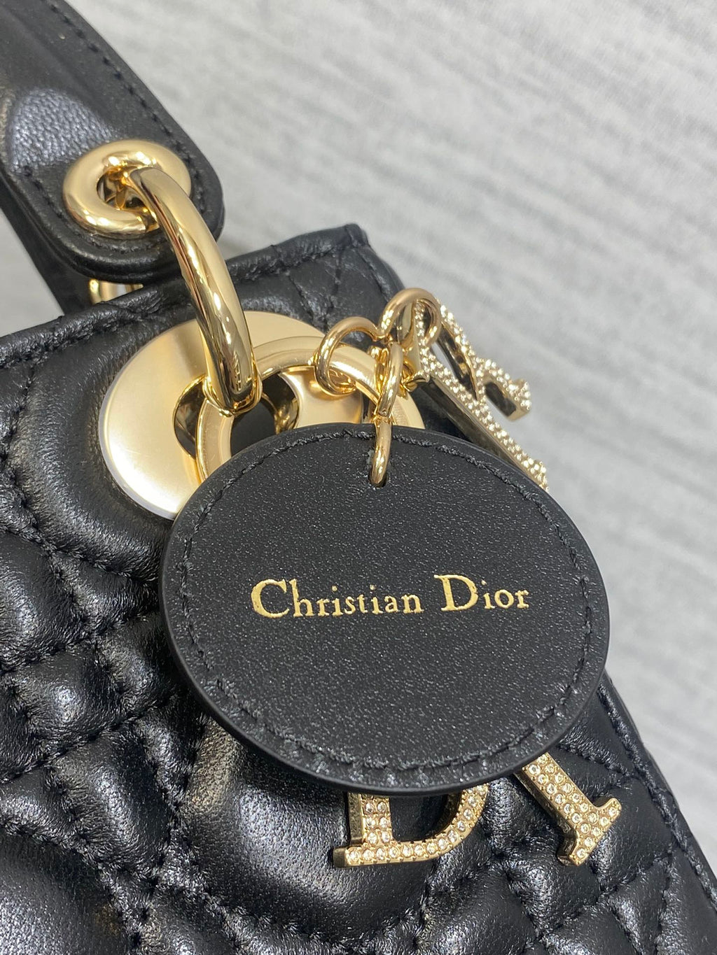 Dior 25S Mini Lady Bag 17 in Black Calfskin Charm Crystal Embellishments