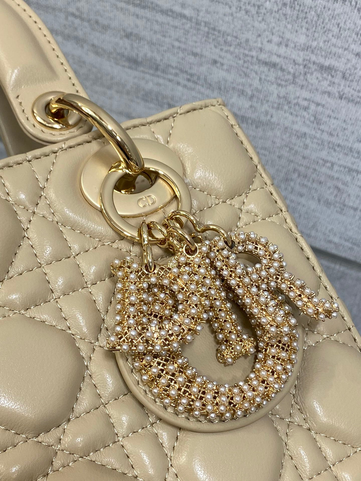 Dior 25S Lady Bag 20 in Sand Beige Calfskin Charm Pearl Embellishments