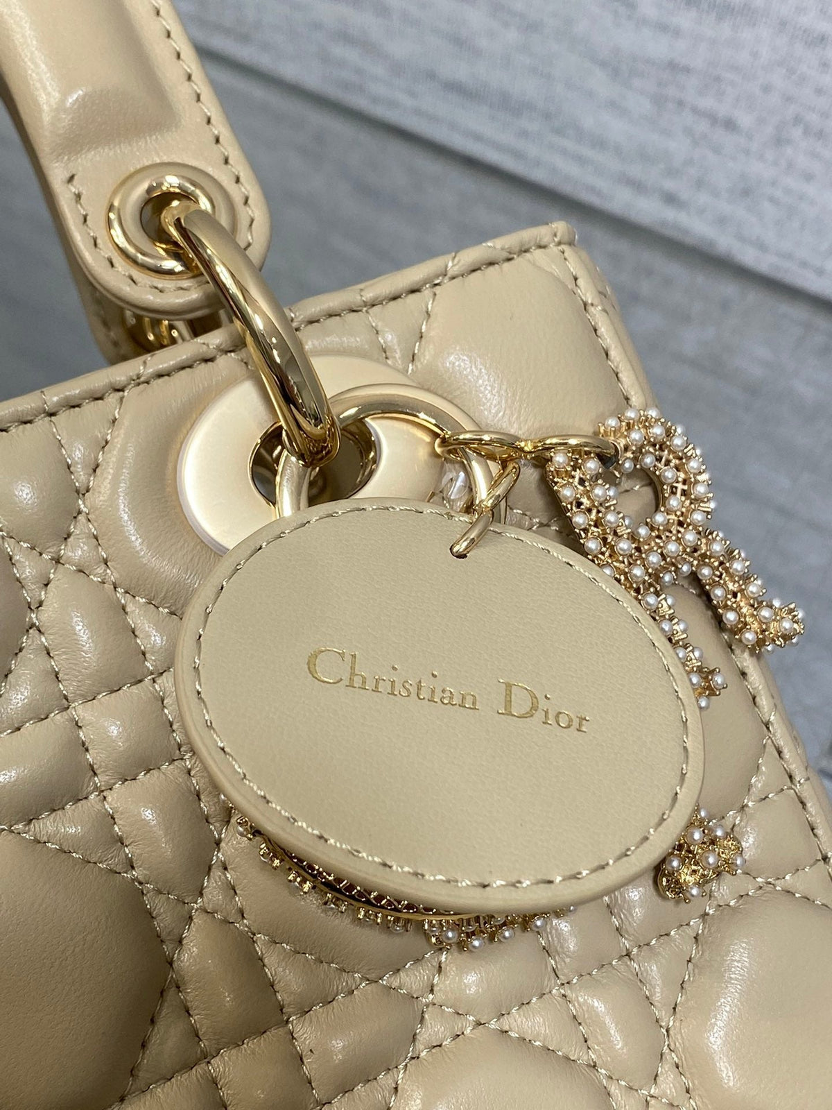 Dior 25S Lady Bag 20 in Sand Beige Calfskin Charm Pearl Embellishments