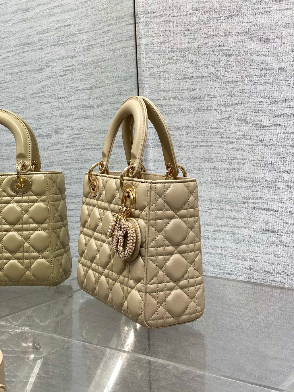 Dior 25S Lady Bag 20 in Sand Beige Calfskin Charm Pearl Embellishments