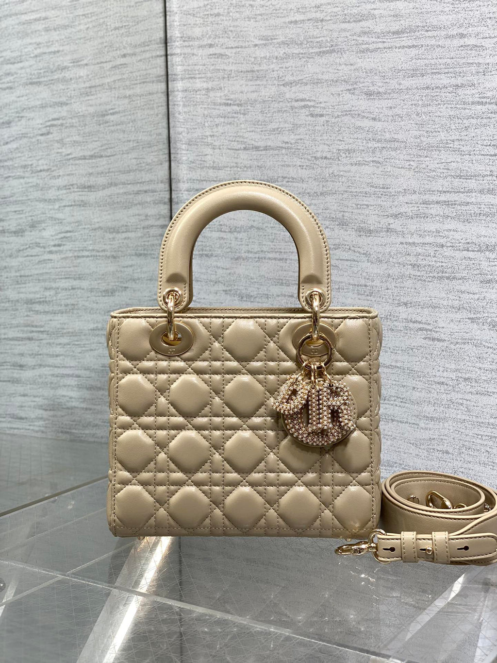 Dior 25S Lady Bag 20 in Sand Beige Calfskin Charm Pearl Embellishments