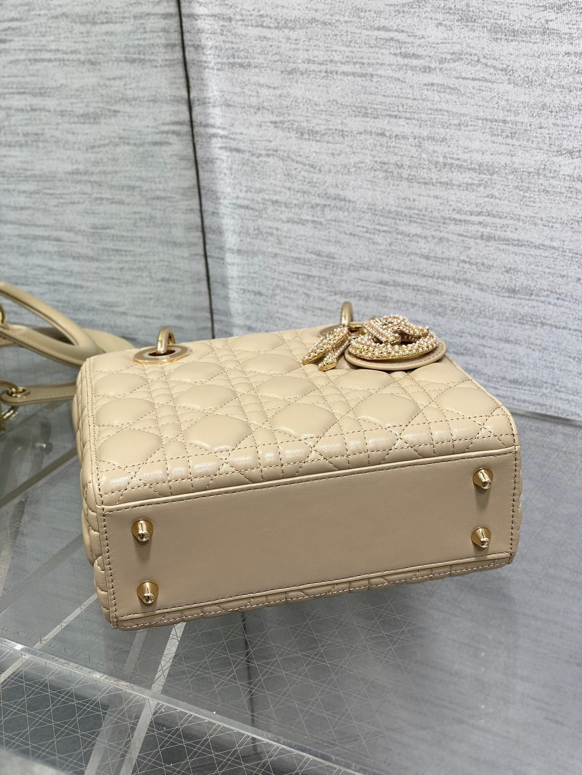 Dior 25S Lady Bag 20 in Sand Beige Calfskin Charm Pearl Embellishments
