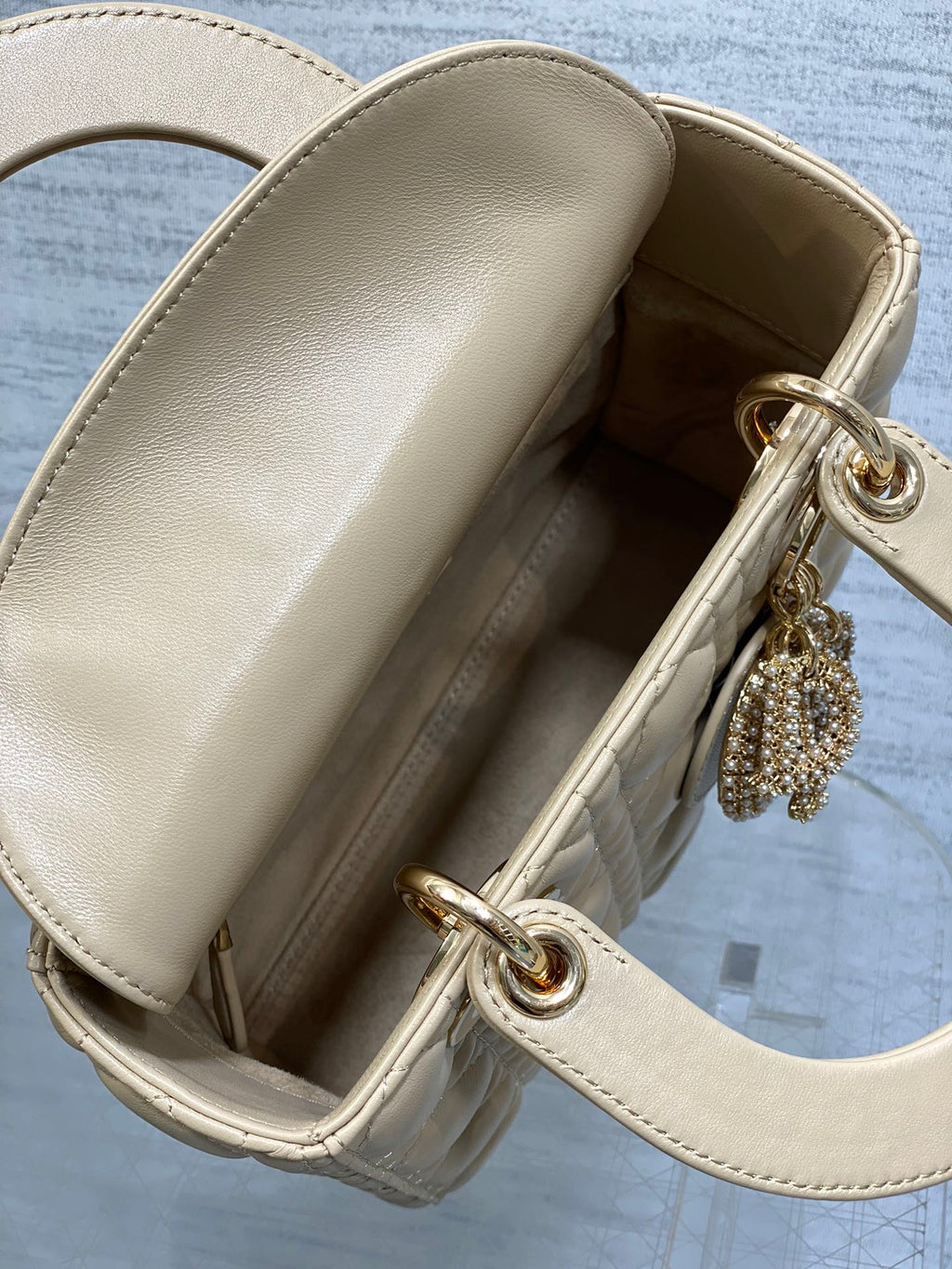 Dior 25S Lady Bag 20 in Sand Beige Calfskin Charm Pearl Embellishments
