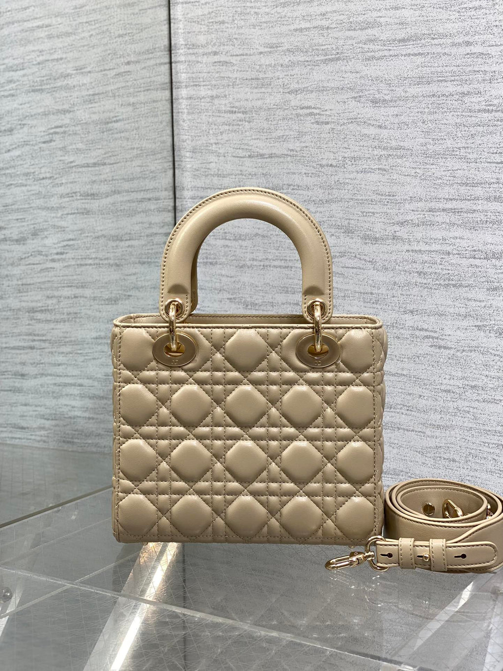 Dior 25S Lady Bag 20 in Sand Beige Calfskin Charm Pearl Embellishments