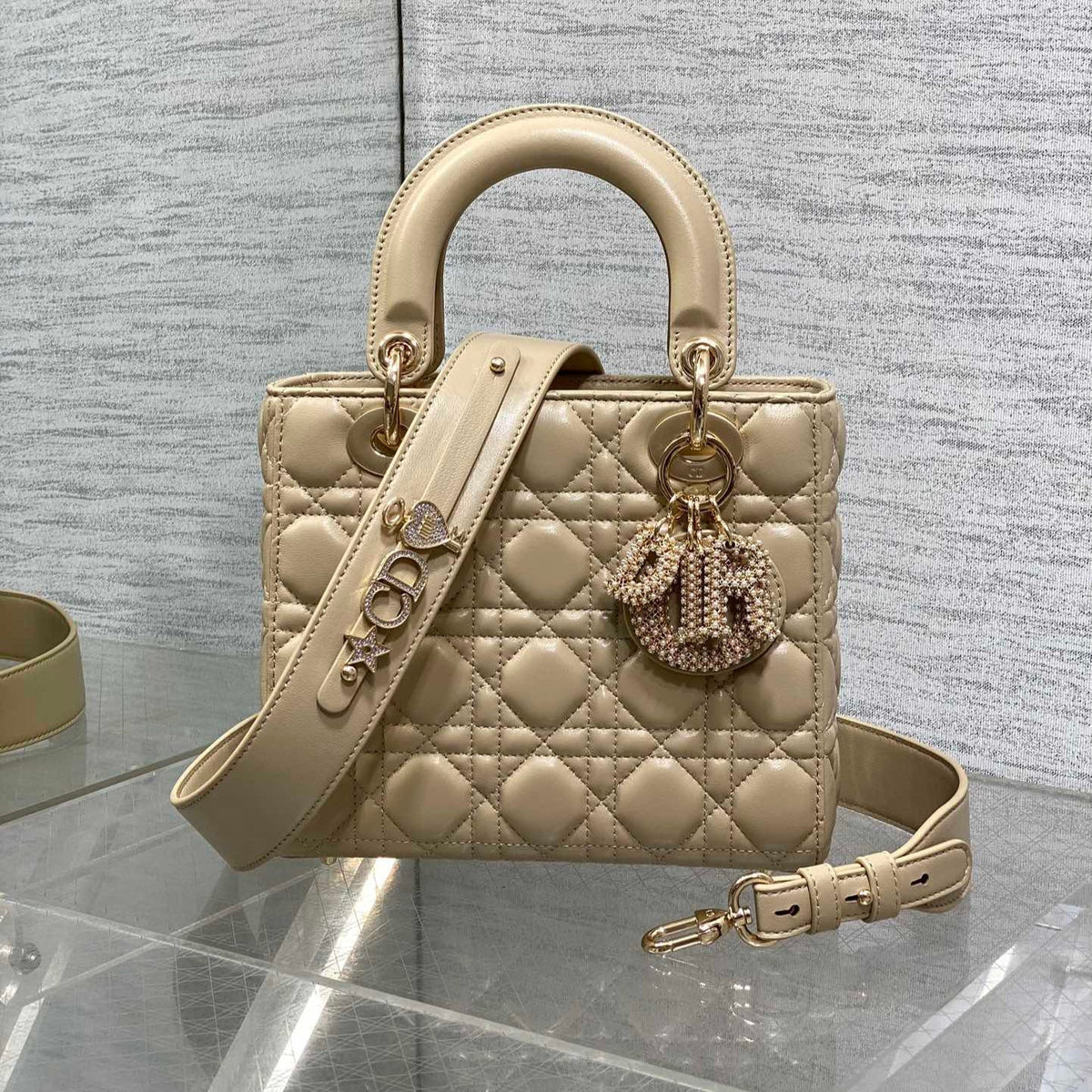 Dior 25S Lady Bag 20 in Sand Beige Calfskin Charm Pearl Embellishments