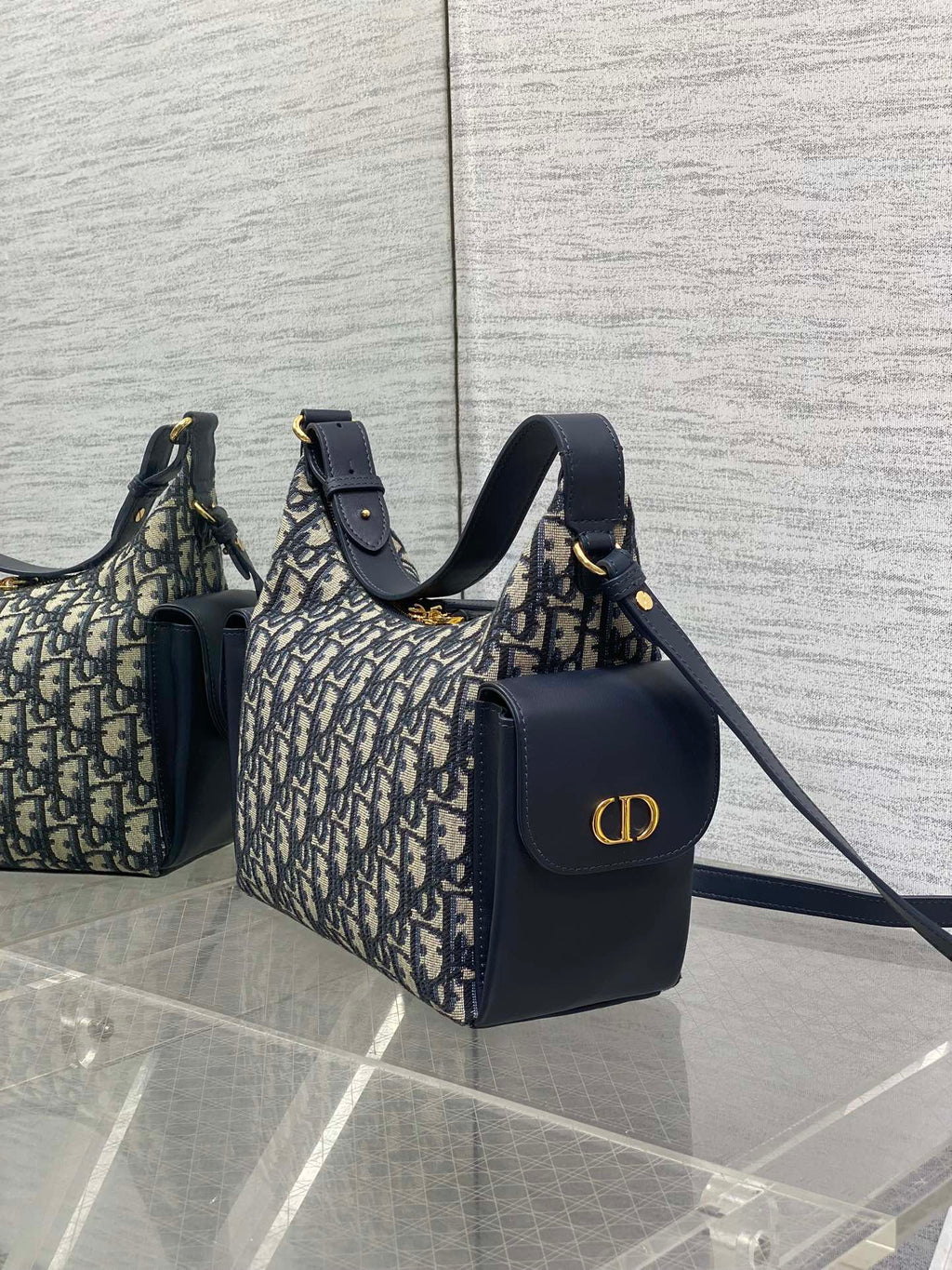 Dior 25S Medium D-Dream Bag 24 in Blue Oblique Jacquard and Smooth Calfskin