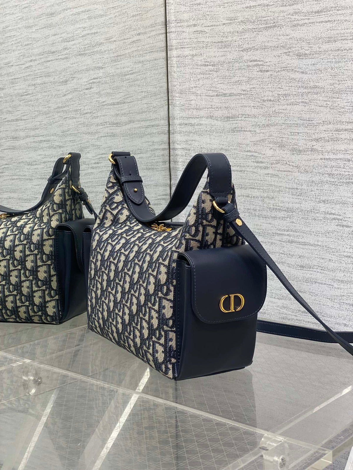 Dior 25S Medium D-Dream Bag 24 in Blue Oblique Jacquard and Smooth Calfskin
